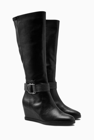 Black Leather Strap Long Wedge Boots